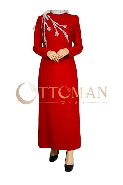 Omuz İşleme Detaylı Abiye Elbise Kırmızı OTW3609