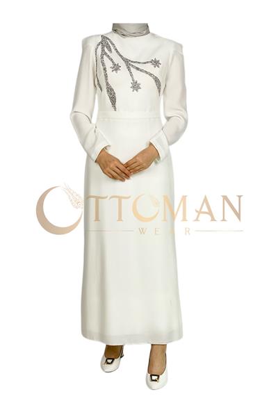 Omuz İşleme Detaylı Abiye Elbise Ekru OTW3609