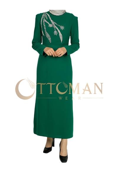 Omuz İşleme Detaylı Abiye Elbise Zümrüt OTW3609