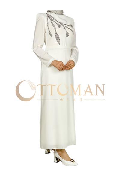 Omuz İşleme Detaylı Abiye Elbise Ekru OTW3609