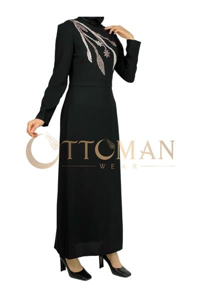 Omuz İşleme Detaylı Abiye Elbise Siyah OTW3609