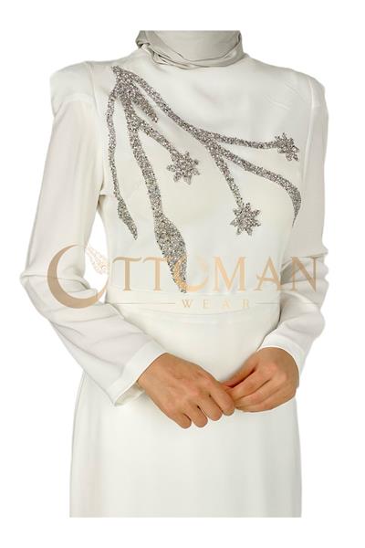 Omuz İşleme Detaylı Abiye Elbise Ekru OTW3609