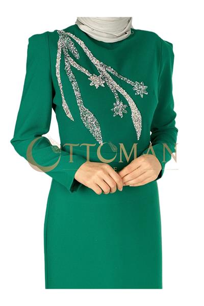 Omuz İşleme Detaylı Abiye Elbise Zümrüt OTW3609