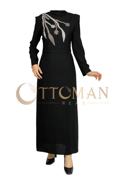 Omuz İşleme Detaylı Abiye Elbise Siyah OTW3609