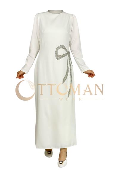 Fiyonk İşleme Detaylı Abiye Elbise Ekru OTW3701