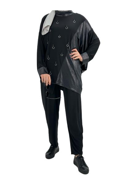 Deri Detaylı Pantolonlu Takım Siyah OTW41918