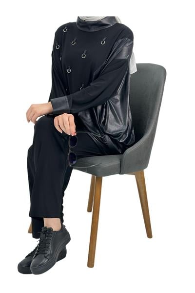 Deri Detaylı Pantolonlu Takım Siyah OTW41918