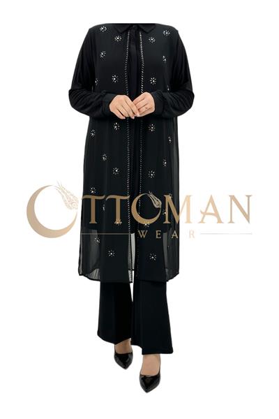 Önü Taşlı Şifon Tunik Siyah OTW4474
