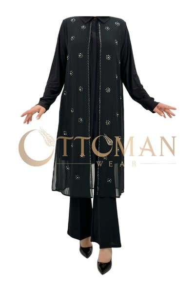 Önü Taşlı Şifon Tunik Siyah OTW4474