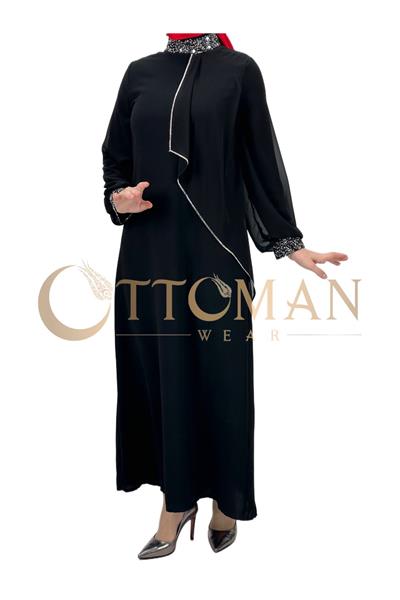 Boyun ve Bileği Taşlı Tül Abiye Siyah OTW4510