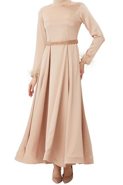 Kemerli Saten Abiye Elbise Gold OTW4609