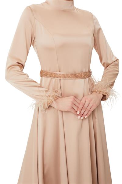 Kemerli Saten Abiye Elbise Gold OTW4609