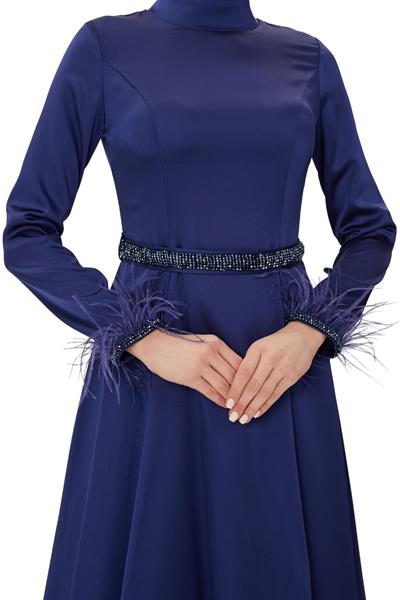Kemerli Saten Abiye Elbise Lacivert OTW4609