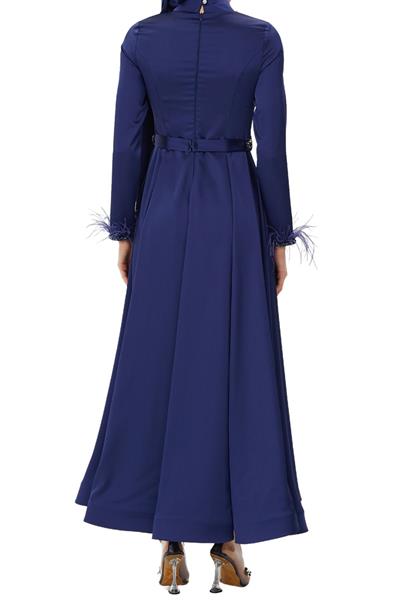 Kemerli Saten Abiye Elbise Lacivert OTW4609