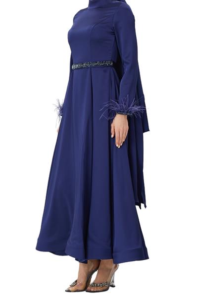 Kemerli Saten Abiye Elbise Lacivert OTW4609