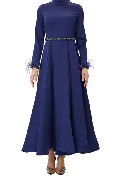 Kemerli Saten Abiye Elbise Lacivert OTW4609