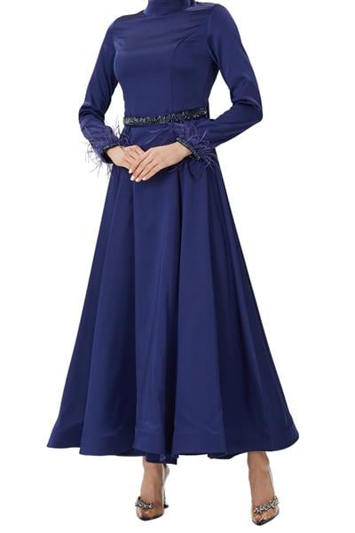 Kemerli Saten Abiye Elbise Lacivert OTW4609