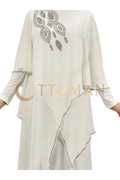 Taşlı Şifon Tesettür Abiye Elbise Ekru OTW7006