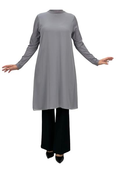 Önü Şifon Detaylı Penye Uzun Kollu İçlik  Gri OTW8832