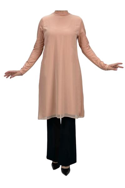 Önü Şifon Detaylı Penye Uzun Kollu İçlik  Somon OTW8832