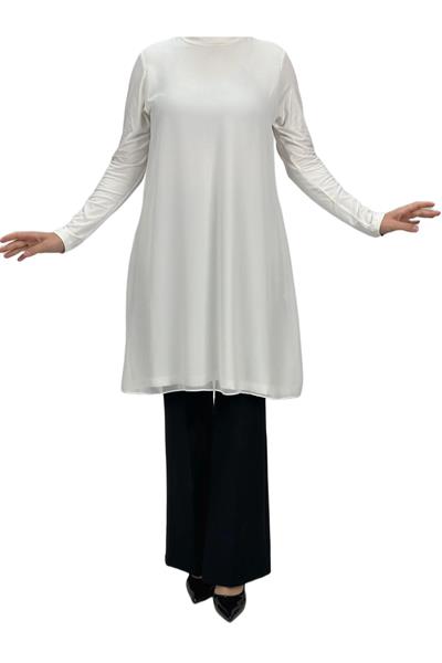 Önü Şifon Detaylı Penye Uzun Kollu İçlik  Ekru OTW8832