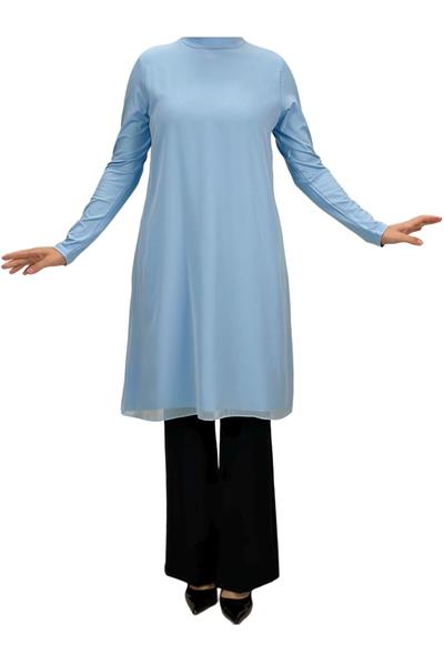 Önü Şifon Detaylı Penye Uzun Kollu İçlik  Açık Mavi OTW8832