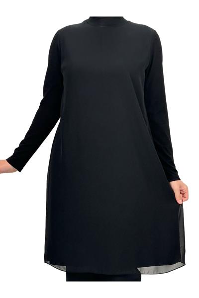 Önü Şifon Detaylı Penye Uzun Kollu İçlik  Siyah OTW8832