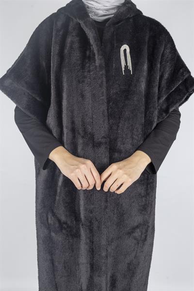 Angora Kapüşonlu Yelek Siyah OTW9279