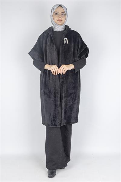 Angora Kapüşonlu Yelek Siyah OTW9279