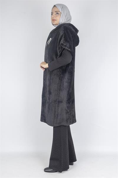 Angora Kapüşonlu Yelek Siyah OTW9279