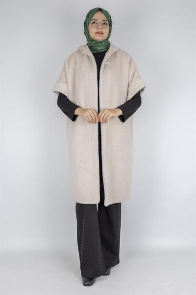 Angora Kapüşonlu Yelek Taş OTW9279