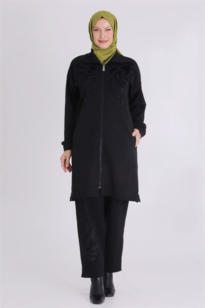 Aplike Detaylı Siyah Pantolonlu Büyük Beden Takım Siyah OTW35135