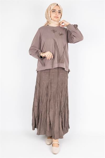 Aplike Detaylı Üst  Pileli Crinkle Etek Takımı Kahve OTW5959