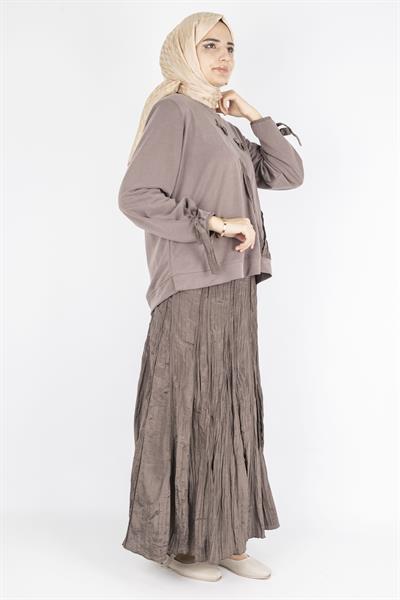 Aplike Detaylı Üst  Pileli Crinkle Etek Takımı Kahve OTW5959