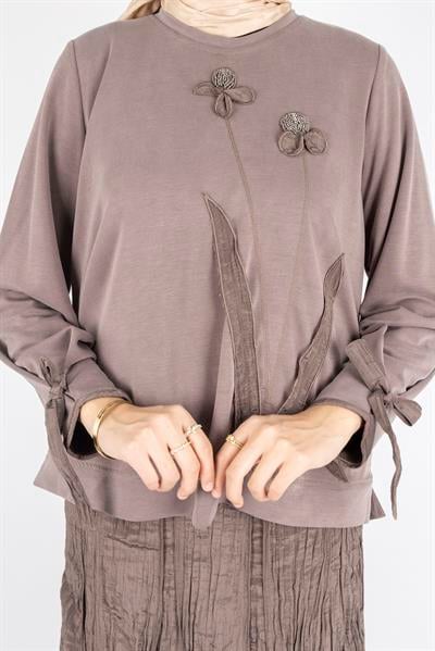 Aplike Detaylı Üst  Pileli Crinkle Etek Takımı Kahve OTW5959