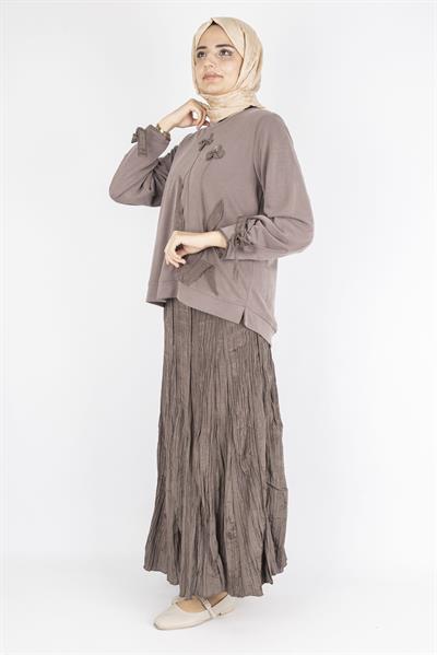 Aplike Detaylı Üst  Pileli Crinkle Etek Takımı Kahve OTW5959