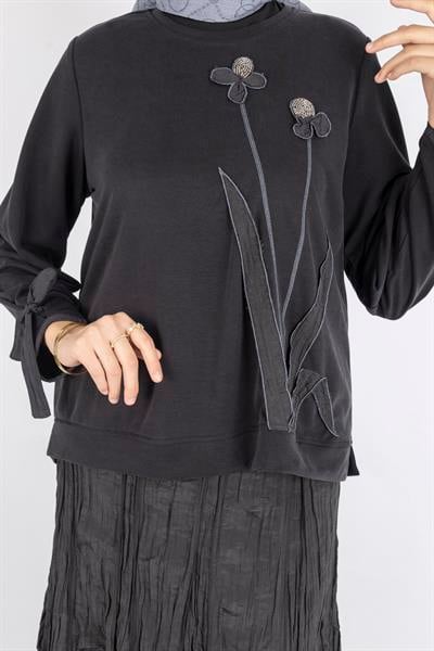 Aplike Detaylı Üst  Pileli Crinkle Etek Takımı Siyah OTW5959