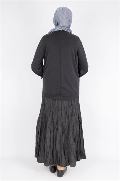 Aplike Detaylı Üst  Pileli Crinkle Etek Takımı Siyah OTW5959