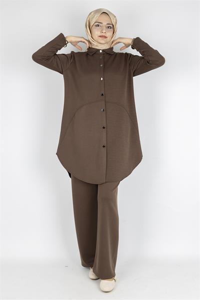 Arkası Uzun Oval Kesim Tunikli Pantolon Tesettür Takım Kahve OTW594