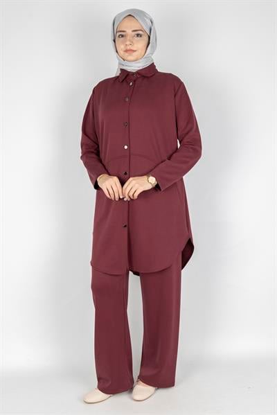 Arkası Uzun Oval Kesim Tunikli Pantolon Tesettür Takım Bordo OTW594
