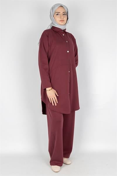 Arkası Uzun Oval Kesim Tunikli Pantolon Tesettür Takım Bordo OTW594
