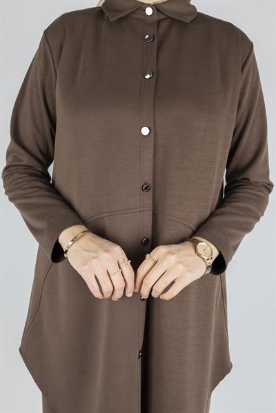 Arkası Uzun Oval Kesim Tunikli Pantolon Tesettür Takım Kahve OTW594