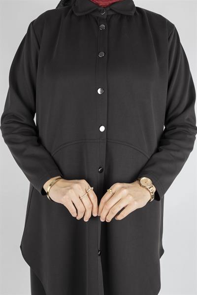 Arkası Uzun Oval Kesim Tunikli Pantolon Tesettür Takım Siyah OTW594