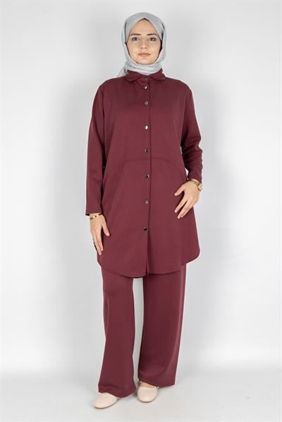 Arkası Uzun Oval Kesim Tunikli Pantolon Tesettür Takım Bordo OTW594