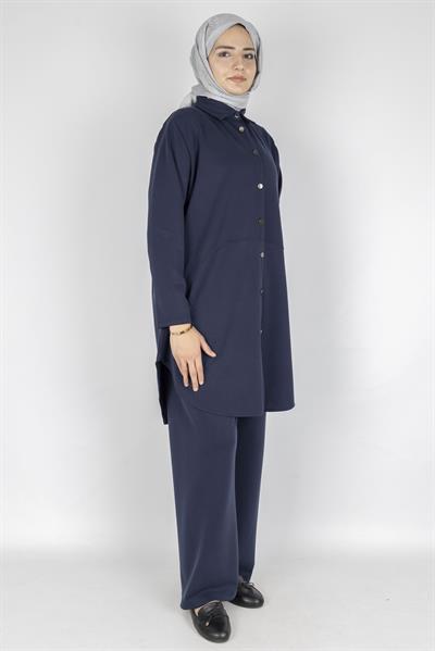 Arkası Uzun Oval Kesim Tunikli Pantolon Tesettür Takım Lacivert OTW594