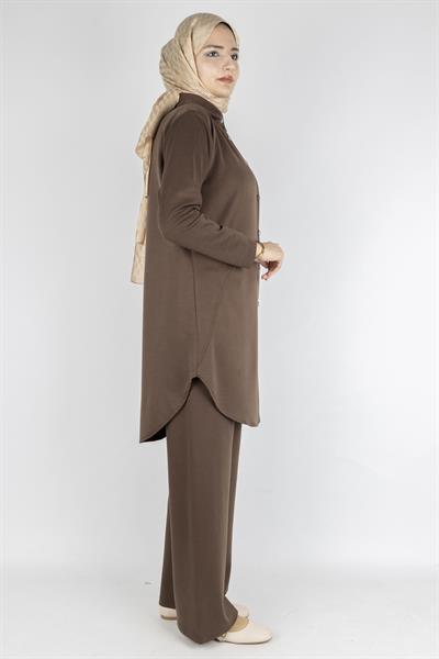Arkası Uzun Oval Kesim Tunikli Pantolon Tesettür Takım Kahve OTW594