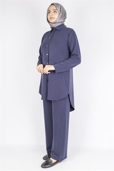 Arkası Uzun Oval Kesim Tuniklİ Pantolon Tesettür Takım Lacivert OTW594
