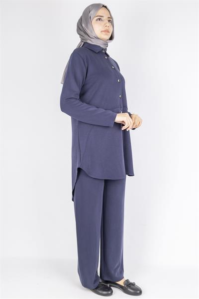 Arkası Uzun Oval Kesim Tuniklİ Pantolon Tesettür Takım Lacivert OTW594