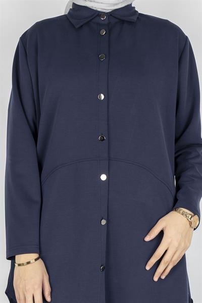 Arkası Uzun Oval Kesim Tunikli Pantolon Tesettür Takım Lacivert OTW594