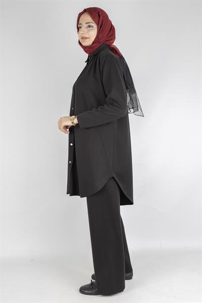 Arkası Uzun Oval Kesim Tunikli Pantolon Tesettür Takım Siyah OTW594